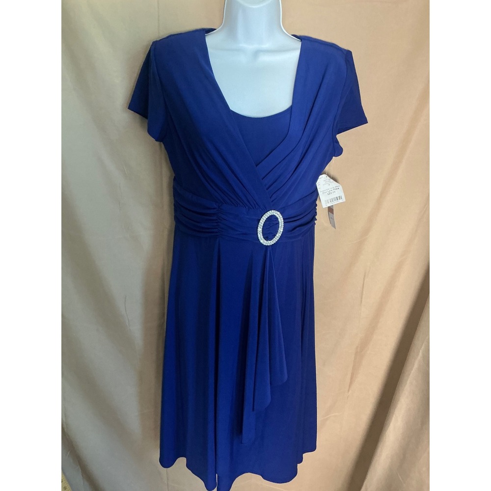 R&M Richards Social Dress Women 12 Royal Blue New Rhinestone Buckle Ruched Wrap